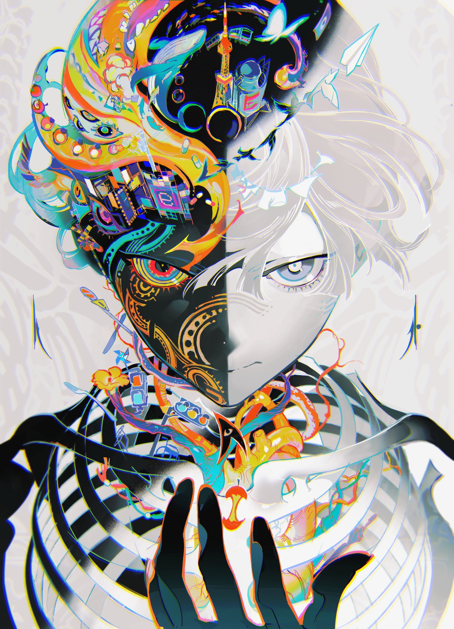 the illustration showcases a stylized portrait of a young man, his face split down the middle. the right side presents a realistic depiction of his human features, while the left side explodes with vibrant, colorful, and intricate mechanical components, hinting at a cybernetic enhancement or a representation of his inner turmoil. the clash between organic and artificial elements creates a captivating visual contrast, further emphasized by the predominantly black and white palette juxtaposed with bursts of bright colors.