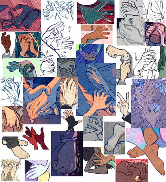 a collage of various illustrations and sketches focusing on hands. the artwork depicts hands in different poses, gestures, skin tones, and styles, highlighting the complexity and expressiveness of hands. the collage includes both realistic and stylized depictions, showcasing line work, color, and shading techniques.  the overall mood is intimate, focusing on touch, connection, and the beauty of hands.