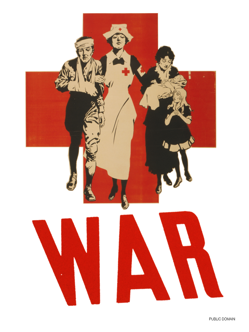 the image is a world war oneera red cross poster. against a stark white background, a large red cross dominates the upper half. centered in front is a determinedlooking red cross nurse in full uniform. she flanks a wounded soldier on her left and a mother clutching a baby and holding a young girl's hand on her right. the word "war" is boldly printed in red at the bottom, creating a stark contrast and conveying the gravity of the situation the poster aims to address.