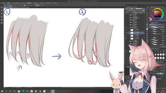 the image shows a screenshot of a digital art tutorial on how to draw animestyle hair. the tutorial is being presented by a female anime character with pink hair and cat ears. she is pointing to a screen that shows two stages of drawing a strand of hair. the left side shows the initial sketch with red lines indicating the direction of the hair flow, while the right side shows the strand with more volume and detail added.