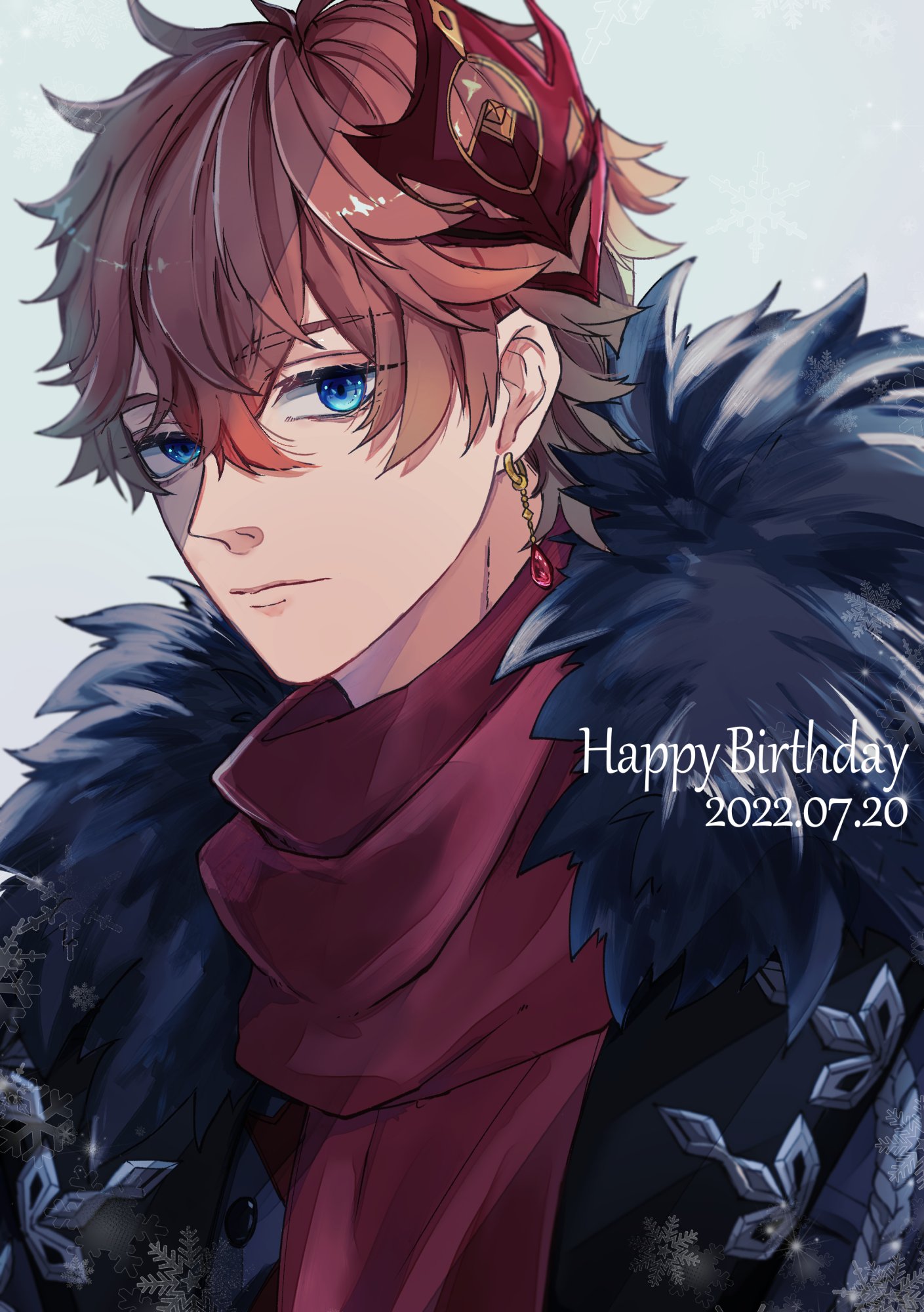 a closeup portrait of an anime character, a young male with reddishbrown hair wearing a black coat with fur, a red scarf, and a gold crown with a red stone. the character is looking down with a subtle smile on his face. the image is filled with a winter theme, snowflakes are falling around the character and the background is white. the bottom of the image has "happy birthday 2022.07.20" written in white letters.