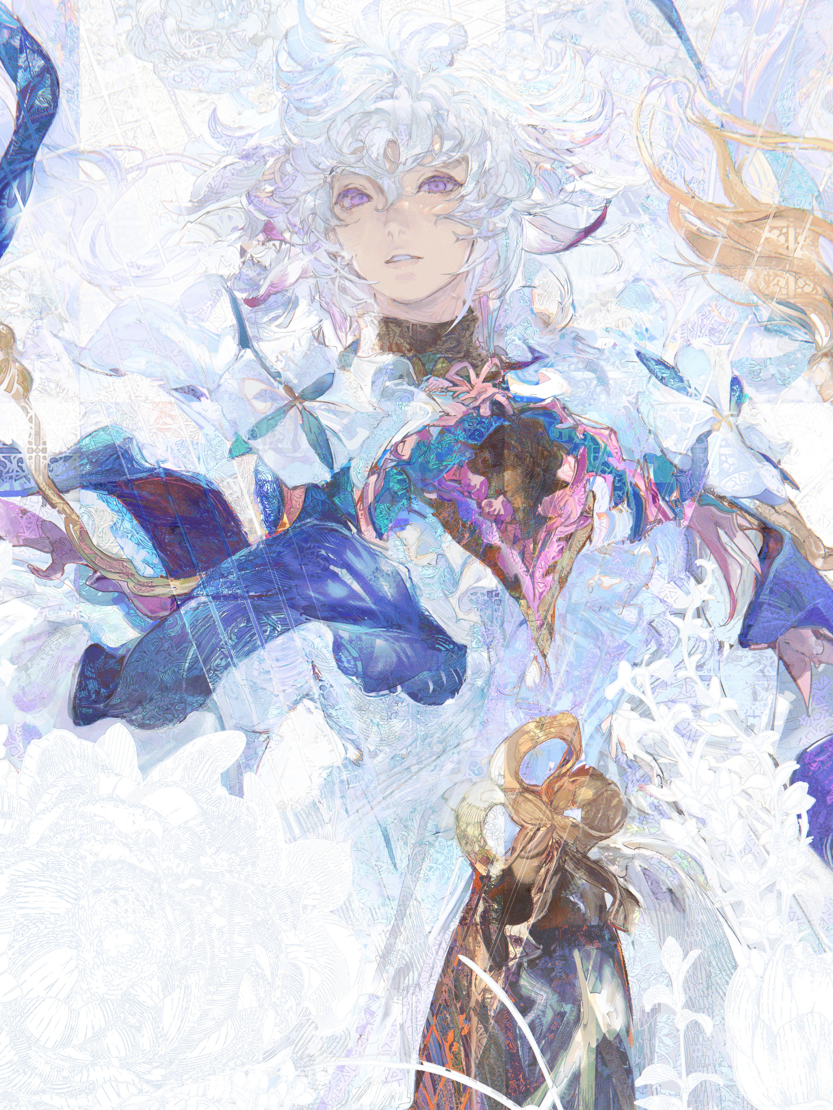 he image is a digital painting or illustration of a female anime character. she has long, flowing white hair and purple eyes. she is wearing a flowing, ethereal robe adorned with floral patterns. the overall style is fantasy, with soft pastel colors and an abstract, almost painterly quality to the image. the character appears serene and mysterious, set against a background of blurred floral motifs and a pale, light color palette. the art style suggests a mix of realism and fantasy, showing a delicate balance between meticulous details and abstract washes of color. the image is intricate and visually striking, conveying a sense of both beauty and subtle mystery.