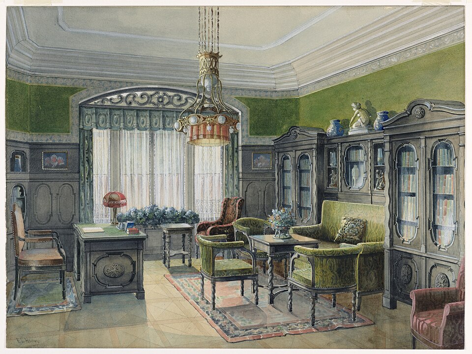 this is a watercolor painting of a classically styled interior room. the room is furnished with a desk, chairs, a sofa, and large wooden cabinets filled with books. a chandelier hangs from the ceiling, and a rug covers the parquet flooring. the walls are green and decorated with paintings and wooden paneling. vases and a sculpture are placed on top of the cabinets. light filters through the window, illuminating the space. the room has a refined, traditional feel.
