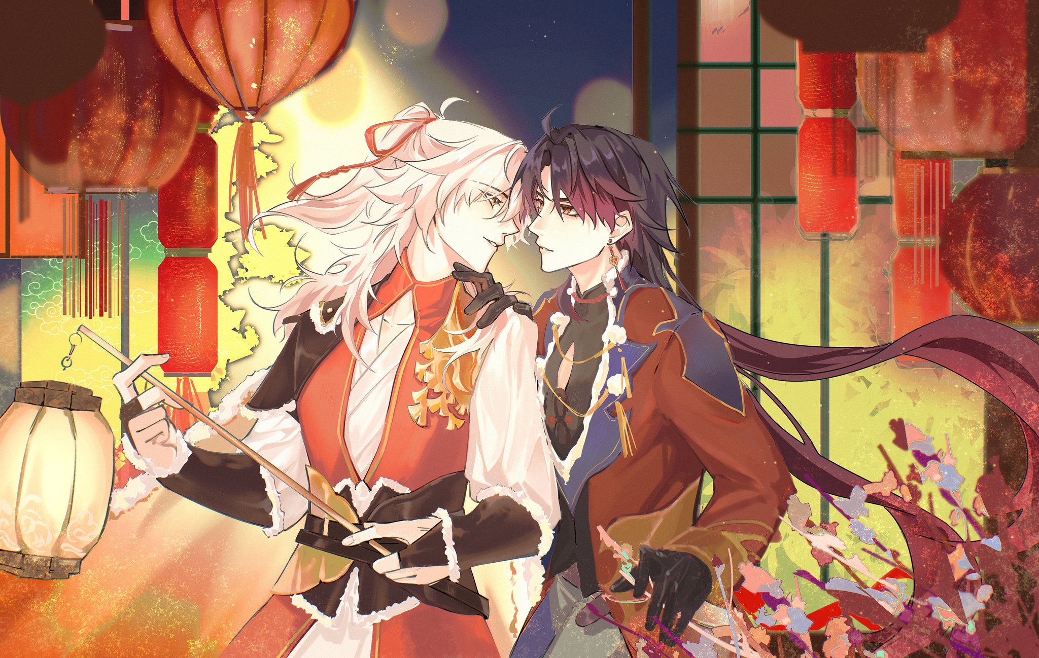 the image depicts a closeup view of a romantic anime couple standing close together, holding hands, and looking into each other's eyes with affection. they are dressed in richly colored, traditional chinese attire, and the background features a variety of festive red lanterns and delicate flower petals that create a warm and celebratory ambiance. the image is likely set during a special occasion, such as the chinese new year, as it evokes a sense of happiness and celebration. the artwork's vibrant colors and detailed textures create a vivid and enchanting visual experience, capturing the essence of a romantic encounter amidst a vibrant and joyful festival.