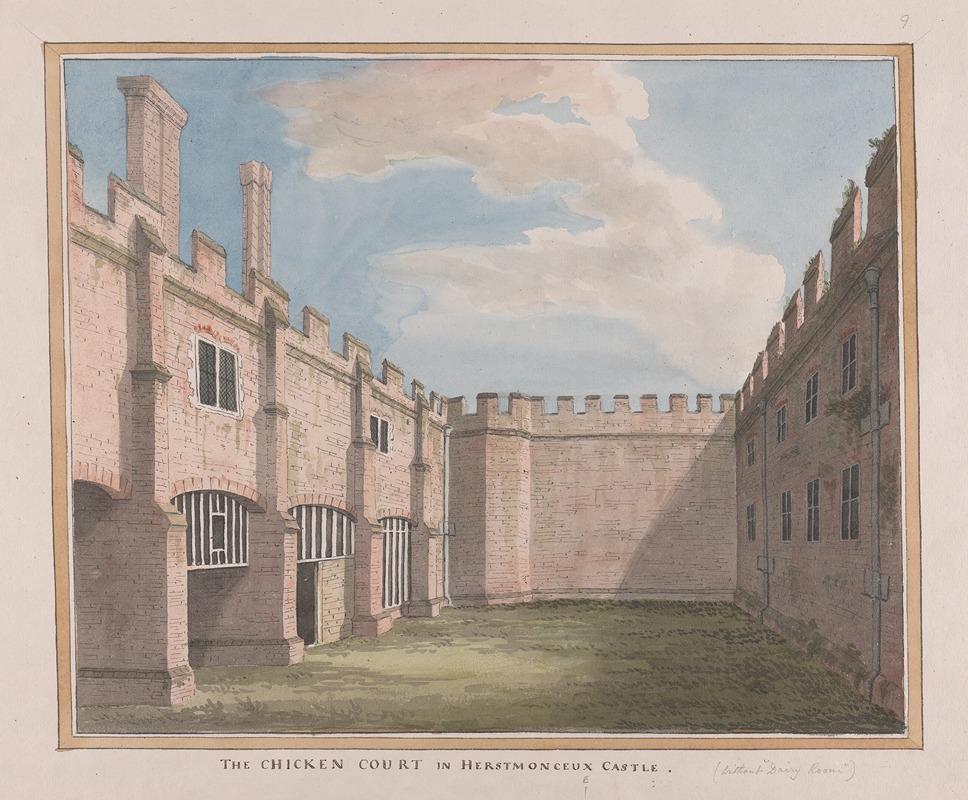 a watercolor painting depicts the chicken court within herstmonceux castle. the view captures a courtyard enclosed by crenellated walls and brick structures with chimneys. the architectural details of the castle, including windows, barred openings, and brickwork, are rendered in delicate detail. the courtyard is filled with grass, and the sky above features a mix of blue and white clouds. shade falls across the walls and grass.