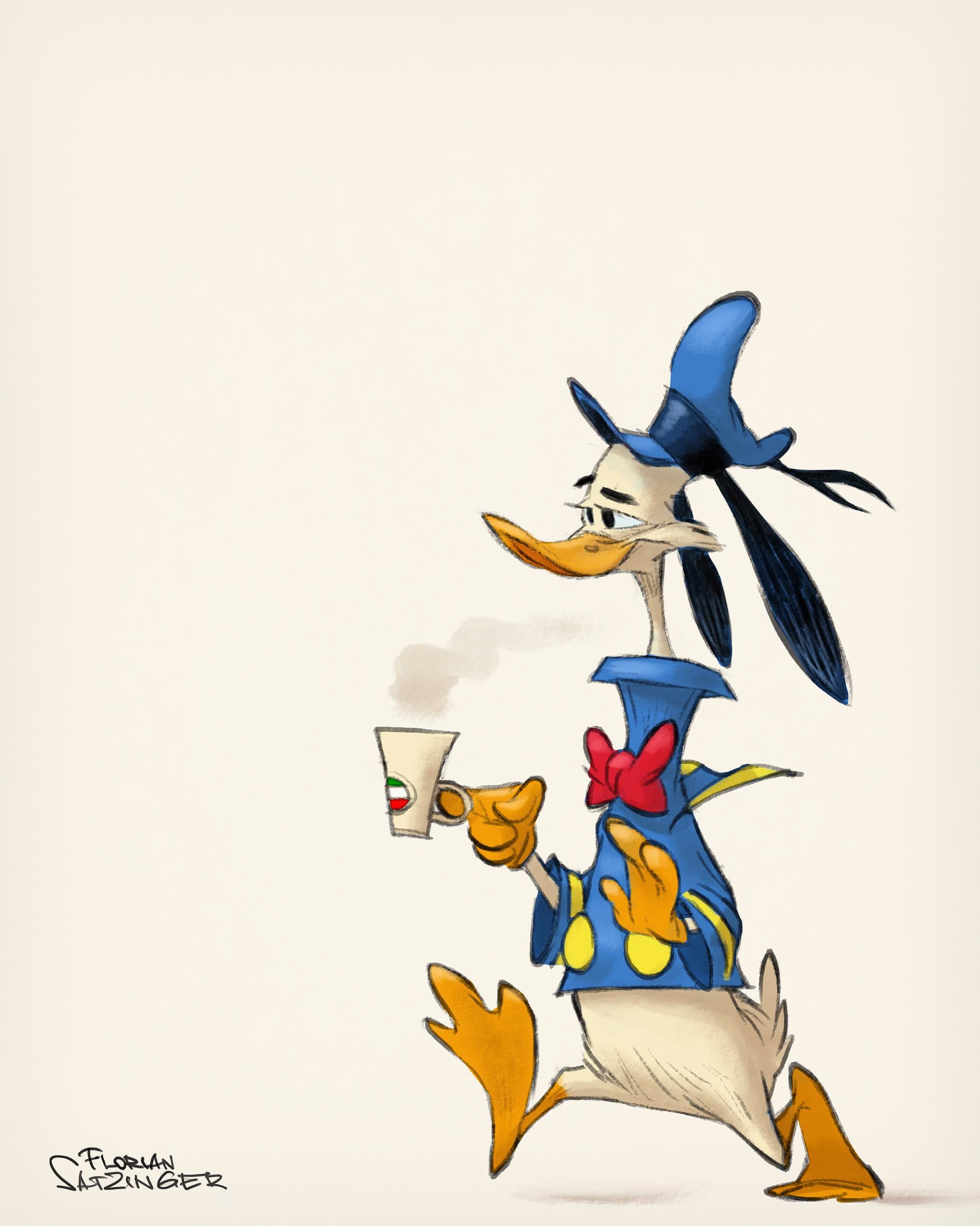 the image is a stylized, handdrawn illustration of donald duck, the famous disney cartoon character. he is wearing his iconic blue sailor suit with yellow buttons and a red bow tie, and his blue hat. he is holding a steaming mug of coffee in his gloved hand and appears tired or exhausted. he is running or walking quickly. the illustration is signed by florian satzinger.