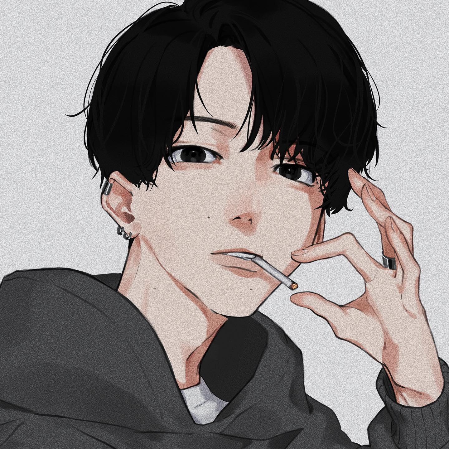 the image is a closeup illustration of a young animestyle boy. he has short, black hair with bangs that fall over his forehead. he's wearing a gray hoodie and has several earrings and a ring on his hand.  the boy is holding a cigarette between his lips, and his expression is somewhat serious and pensive. the art style is detailed and realistic, with soft shading and attention to details like the texture of the hair and clothing. the background is a simple, light gray.