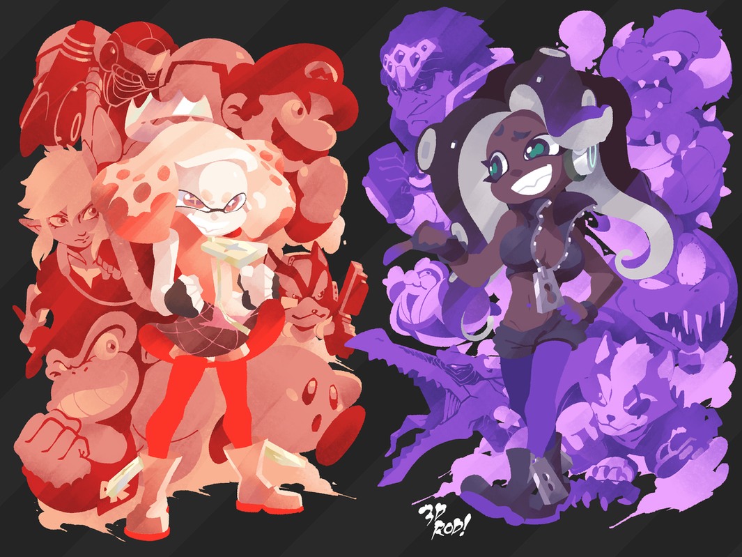 this is a digital art piece featuring two female characters from the video game "splatoon". one is an inkling, with red and white colors, and the other is an octoling, with purple and black colors. they are both standing in front of a background filled with other characters from nintendo video games, such as mario, donkey kong, samus aran, and more. the inkling is holding a paint roller, and the octoling is holding a microphone.