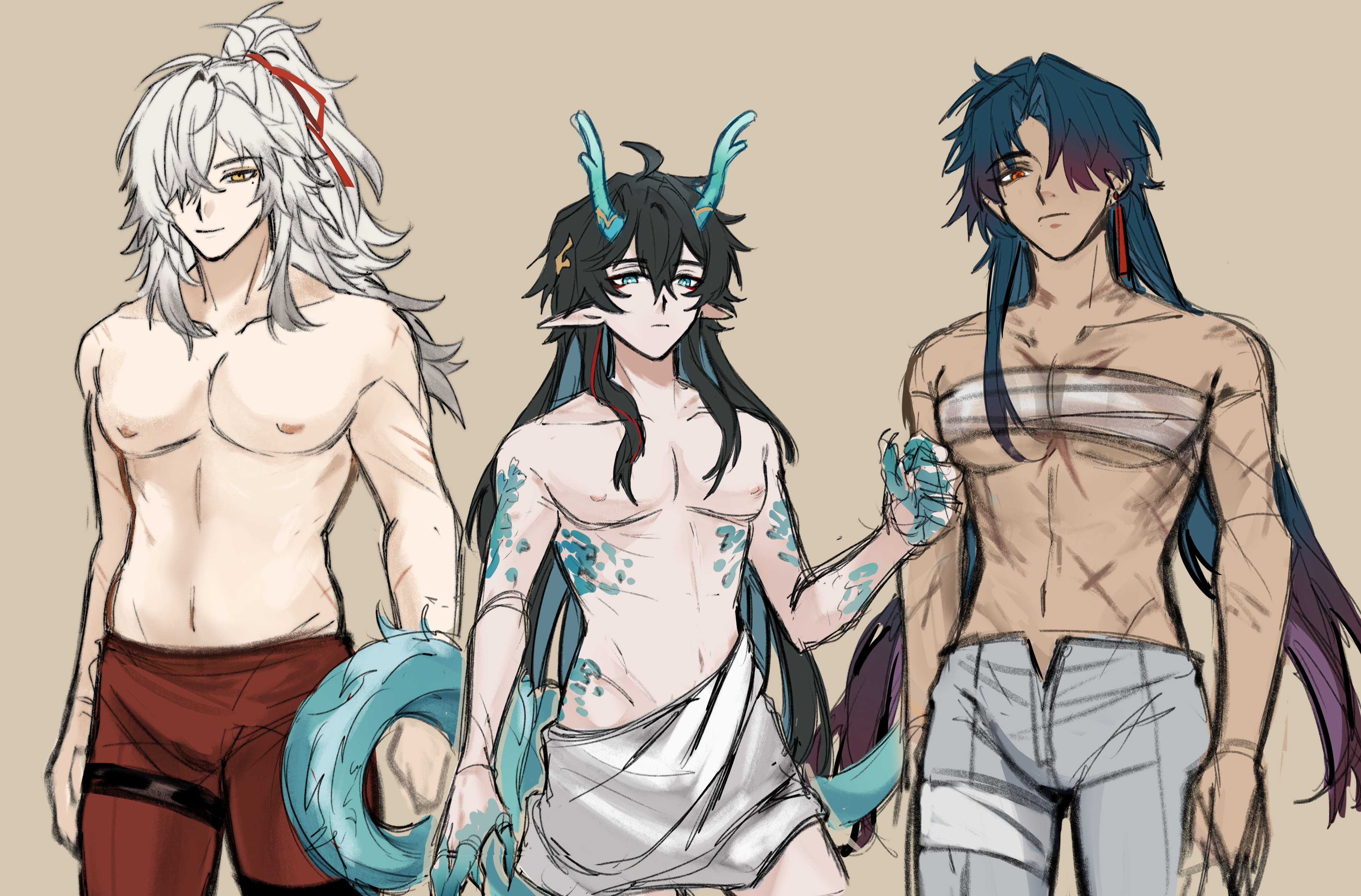 the image shows three anime characters. the character on the left has white hair and red pants and is holding a blue orb in his hand. the character in the center has black hair, blue horns, and a white cloth around his waist. the character on the right has blue hair, white pants, and bandages wrapped around his chest. all three characters are shirtless and have muscular bodies. they appear to be in a fighting stance.