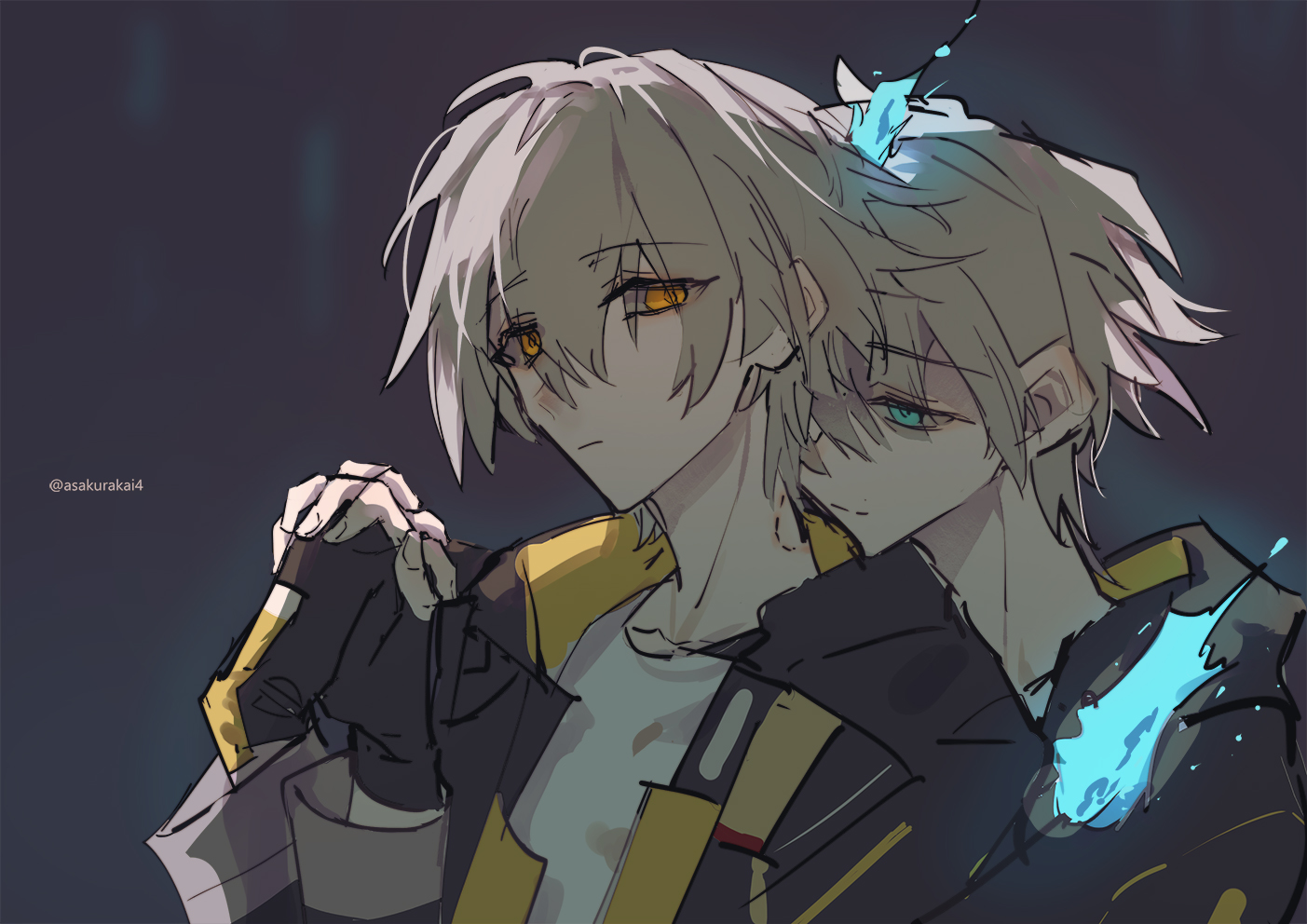 this is a digital artwork of two male characters, they are drawn in a style common to anime and manga. they appear to be close friends and are hugging. the character on the left has white hair, gold eyes, and is wearing a yellow and black jacket. the character on the right has white hair, blue eyes, and is wearing a black jacket. there are blue flames or sparks around them, and a dark purple/grey background. they are smiling and have their eyes closed.