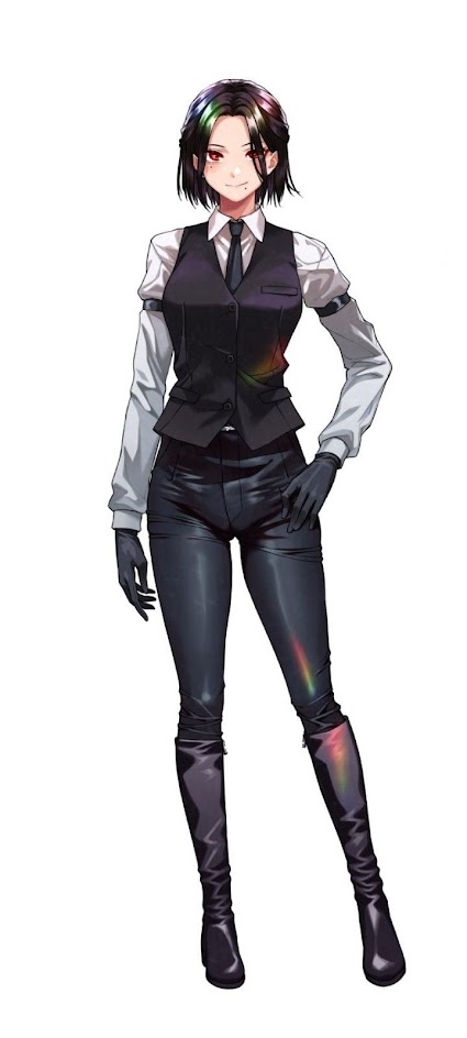an anime girl with long black hair, bangs, blue eyes, and colorful highlights is standing and looking at the camera. she is wearing a white shirt, black vest, leather pants, and black boots. the background is white.