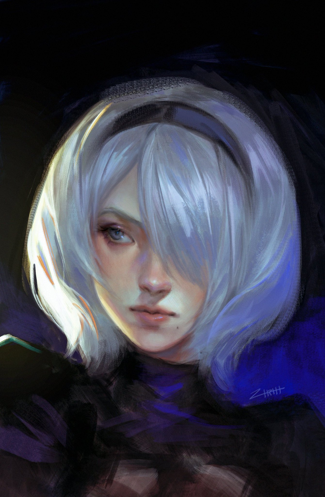 a digital painting of a woman with white hair and blue eyes. she has fair skin and a serious expression. the style is impressionistic with visible brush strokes and a dark background. the artist's signature is in the bottom right corner.