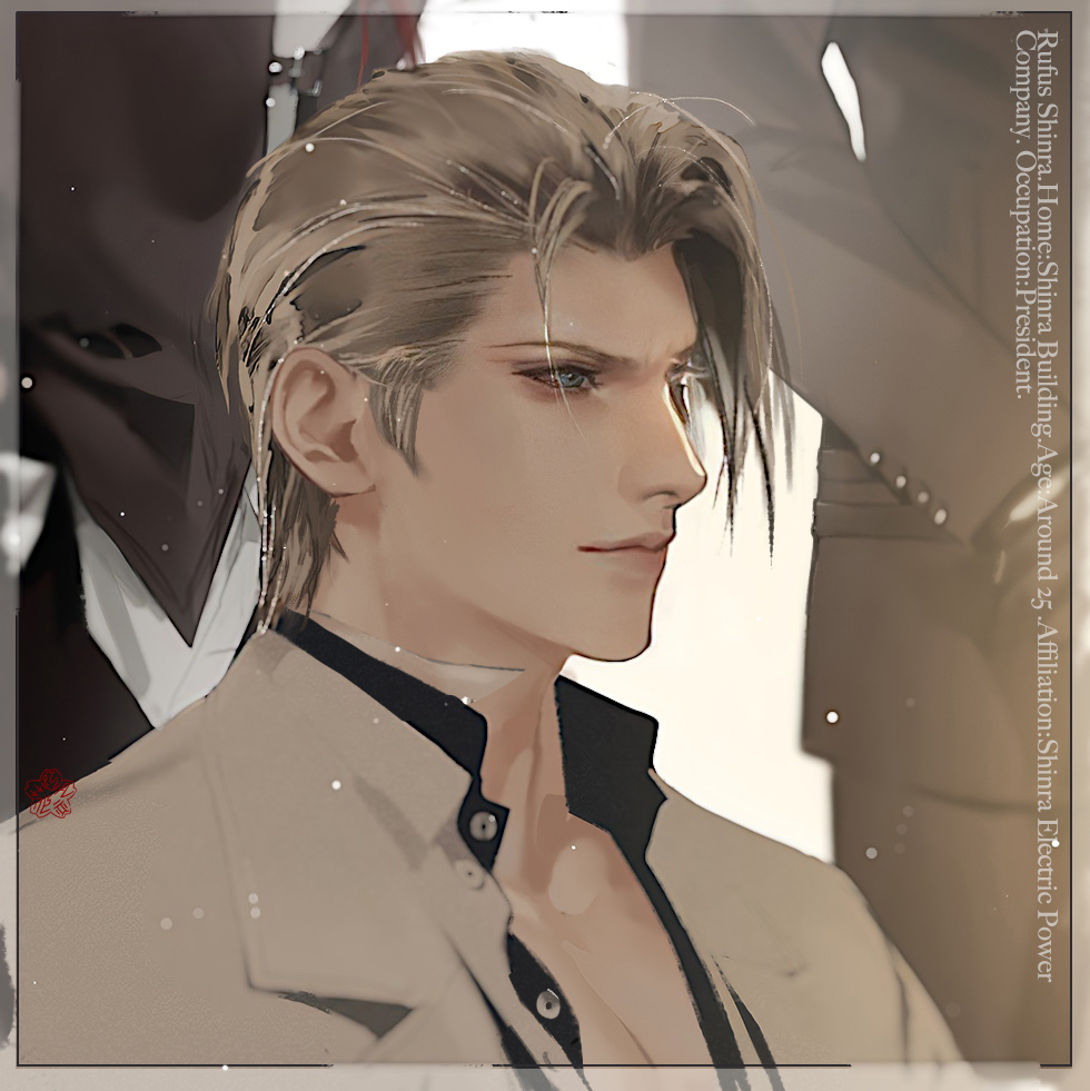 this is a digital illustration of a young man with blond hair. he is wearing a brown jacket and has a serious expression on his face. the background is blurred and out of focus, and the man is the main subject of the artwork. the art style is anime/manga.  the picture appears to be a close up portrait, focusing on the mans face and shoulder.