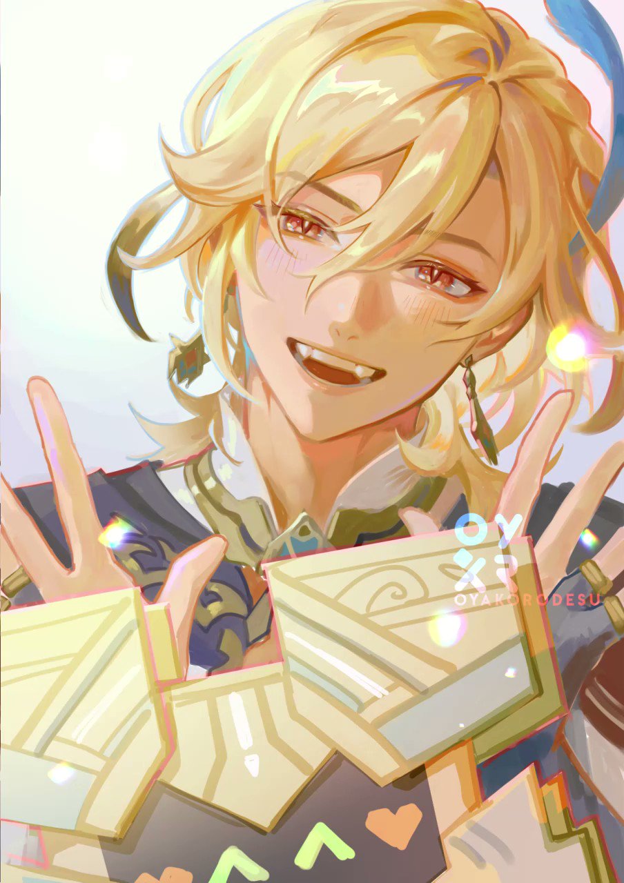 a digital illustration of a smiling male anime character with blonde hair. the character is depicted in a cartoon style and is wearing a blue and gold outfit with a light blue ribbon tied around his neck and a white headband. the character has his arms outstretched in front of him.