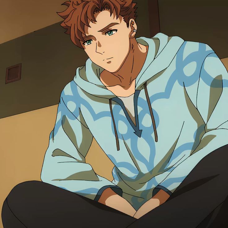 the image features a young anime male character, with brown hair and green eyes, sitting with his legs crossed. he is wearing a blue and white patterned hoodie with a black drawstring and black pants. the character appears thoughtful and contemplative. the background is a simple, blurred, light brown color.  the overall aesthetic is one of casual comfort.