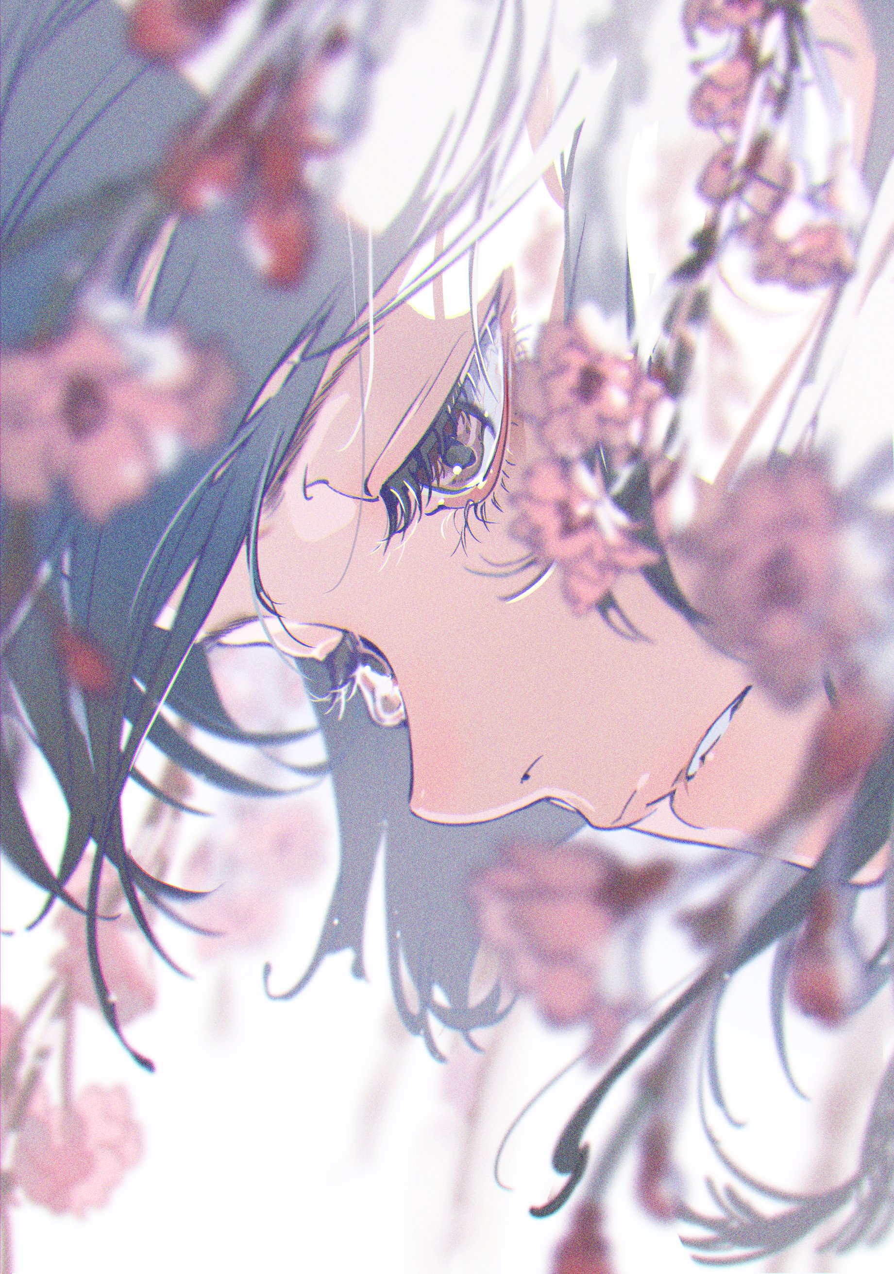 a closeup portrait of an anime girl with blue hair, crying with a single tear running down her cheek. the girl's face is obscured by a blur of pink flowers, creating a sense of sadness and isolation. the artwork is done in a soft, pastel style, enhancing the emotional impact of the image.