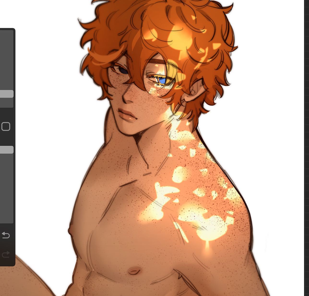 the image is a digital drawing/painting of a young, attractive man with vibrant orange, curly hair and numerous freckles across his skin.  he is depicted from the chest up, with his bare torso visible.  sunlight or a similar light source casts warm, dappled highlights across his shoulders and chest, creating a luminous effect. his expression is soft and somewhat pensive. the style is reminiscent of anime or manga, with stylized features and soft shading. the overall color palette is warm and inviting. the artwork appears to be in progress, as evidenced by the slight visible sketching.