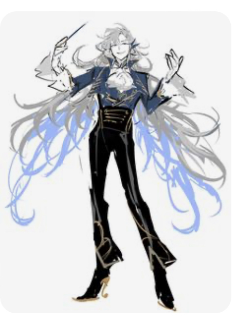 an anime man with white hair and blue highlights is standing in a conductor pose with a stick in his hand. he is wearing a black outfit with gold accents, black pants, and black shoes. he has a serious look on his face. the background is white.