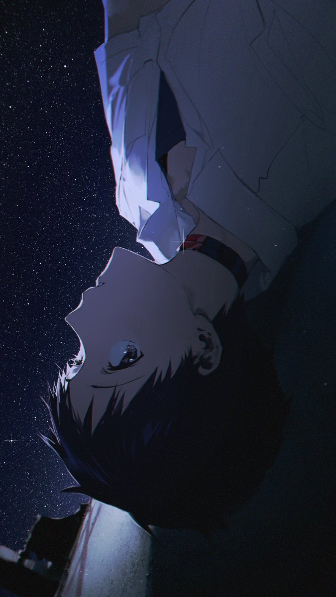 a low angle shot of an anime boy with black hair and a white shirt looking up into the night sky. the background is filled with stars. the boy is wearing a black collar.