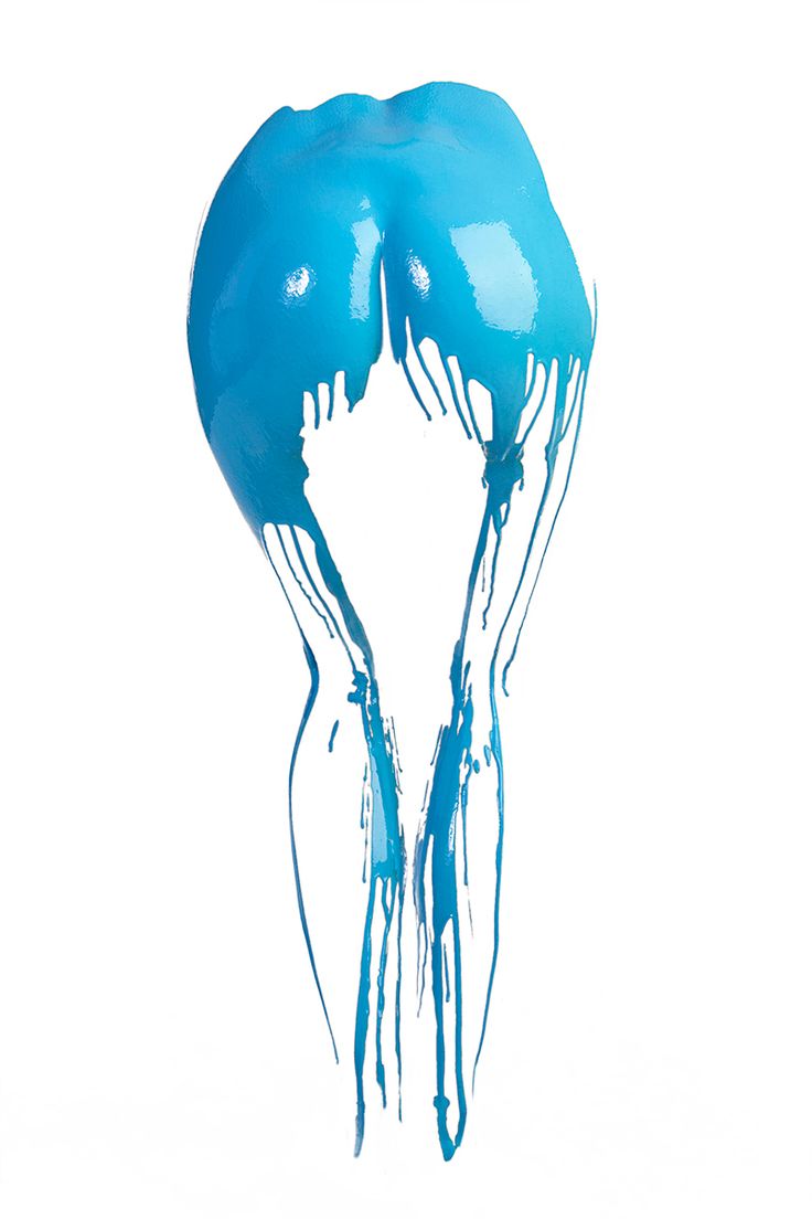 a blue paint splash in the shape of a female body, dripping and flowing downwards, creating an abstract and colorful art piece.