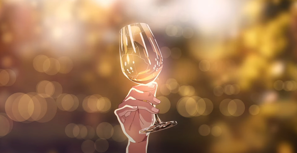 the image is a stylized illustration, possibly animeinspired, depicting a hand delicately holding a wine glass filled with a lightcolored liquid (likely white wine). the background is heavily blurred with a bokeh effect, showing warm, golden tones suggestive of an autumnal or sunset scene. the overall mood is romantic, elegant, and celebratory. the style is smooth and slightly dreamy, emphasizing the warm light and the elegant simplicity of the scene.
