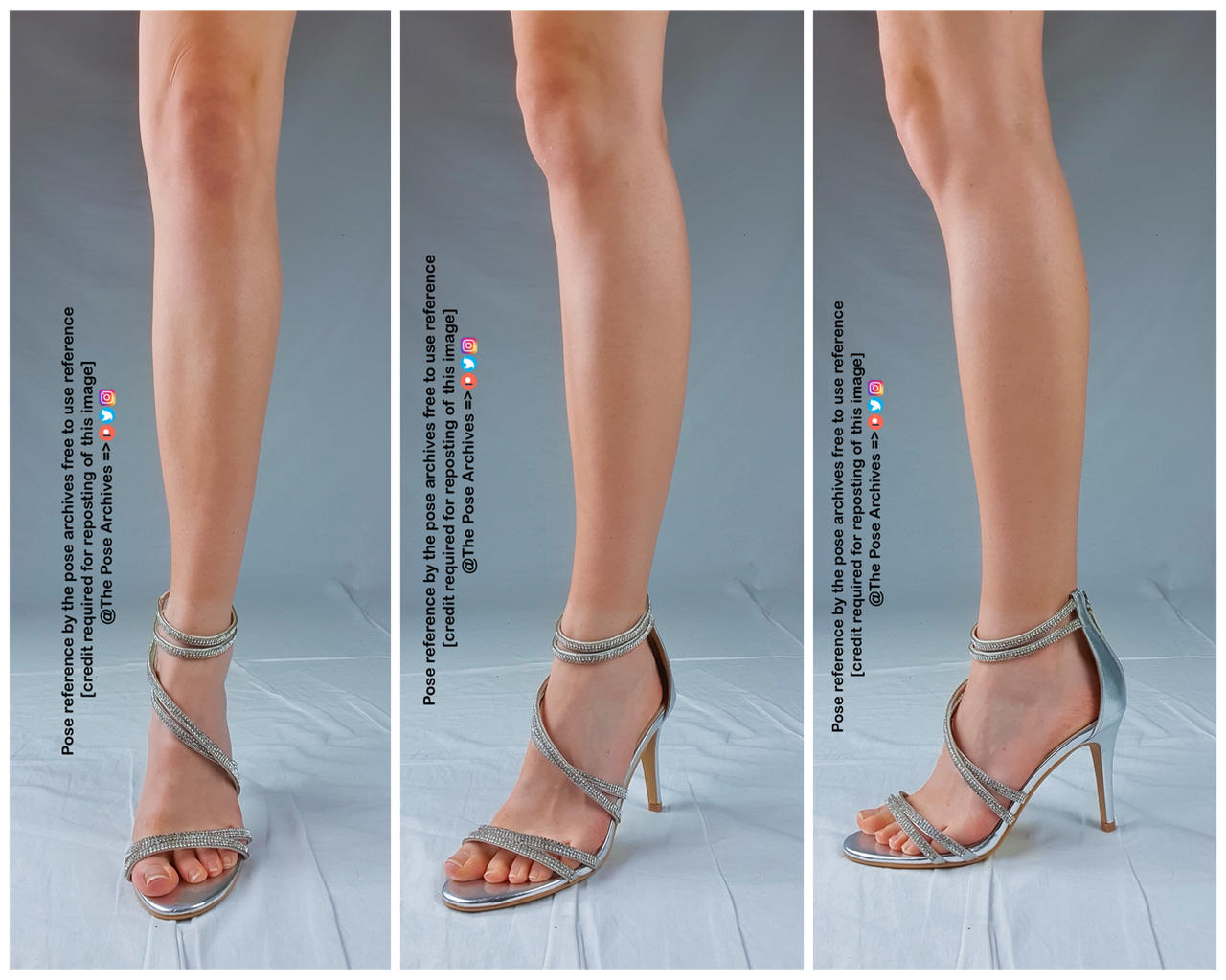 the image shows a woman's legs from the knees down, modeling a pair of silver highheeled sandals against a plain white background. the three panels showcase the shoes from slightly different angles, allowing a full view of the design and fit. the lighting is bright and even, typical of a studio setting, highlighting the sparkle of the rhinestone detailing on the shoes.