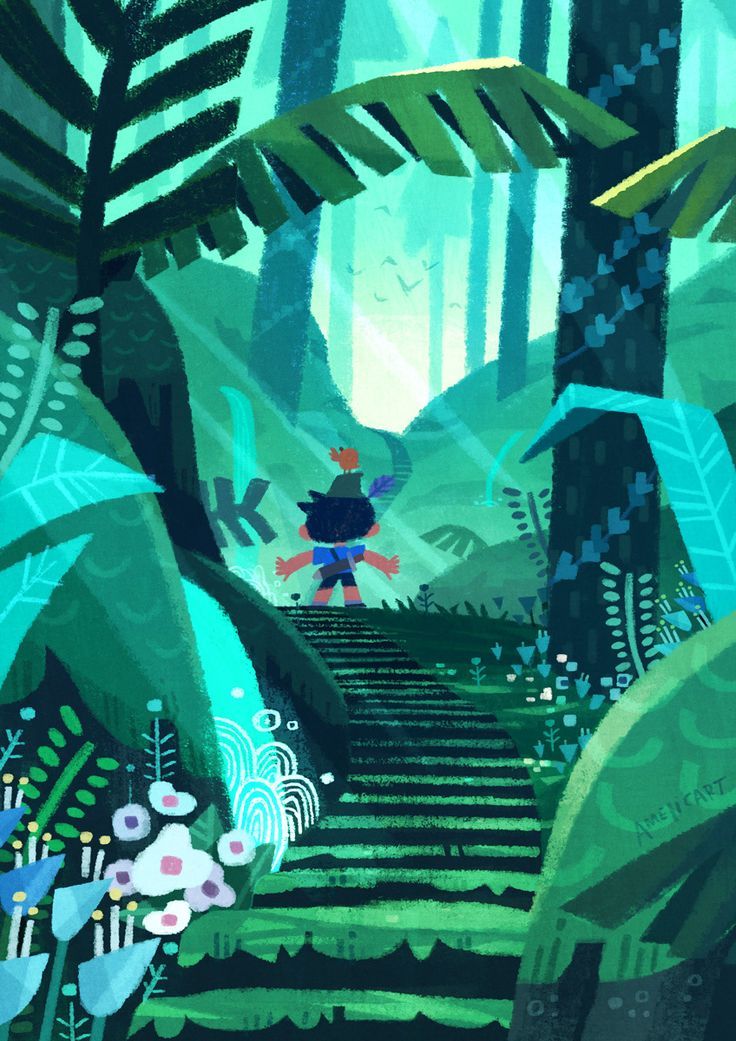 the image is an illustration of a lush green forest or jungle scene. a small child stands on a set of stairs leading upwards into the brighter, sunlit depths of the forest. the child is wearing a hat with a feather and has their arms outstretched as if embracing the scene. the forest is full of various plants and trees, depicted in shades of green and turquoise. sunlight streams through the trees, creating a sense of adventure and discovery. the overall style is whimsical and cartoonish.
