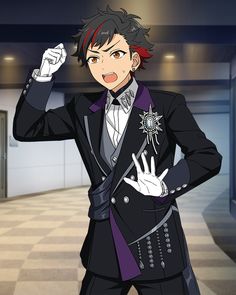 an anime man with red and black hair wearing a black and purple suit with silver details stands in a hallway. he is pointing with his left hand and making a fist with his right hand.