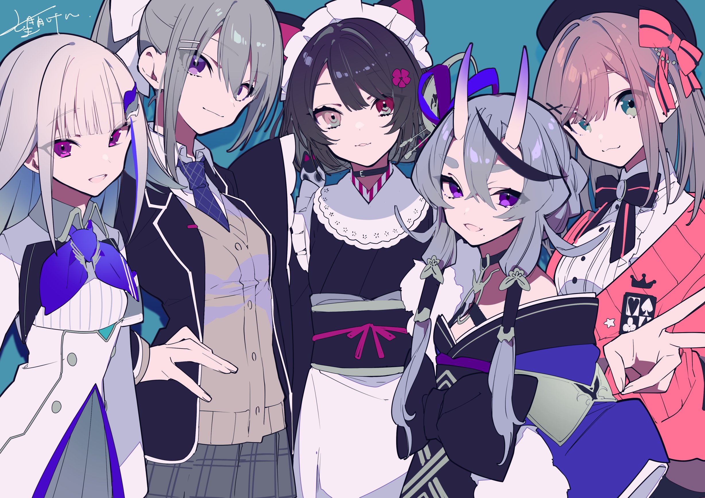 a group of five anime girls are standing close together. they have different colored hair, including pink, black, grey, and white. the girls are wearing different outfits. one is in a maid outfit, one is in a kimono, one is wearing a beret, one is wearing a school uniform, and the others are wearing variations of these outfits. some of the girls have ribbons in their hair, and one has horns. one of the girls has a black bow tie. some of the girls are making hand gestures. there are card suit symbols on one of the outfits.