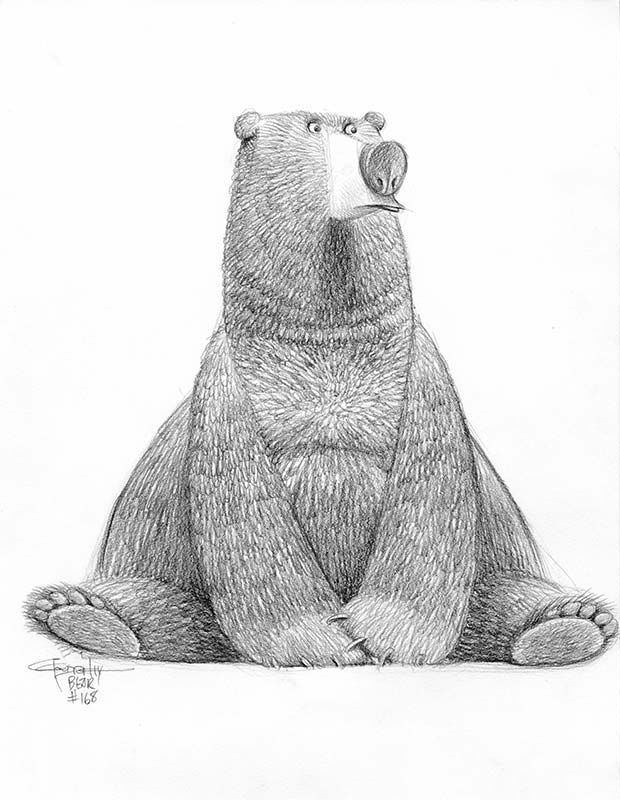 a pencil drawing of a cartoon bear sitting with its paws crossed in front of it. the bear is furry and has a large nose. it has a white marking on the face. the drawing is detailed and shaded.