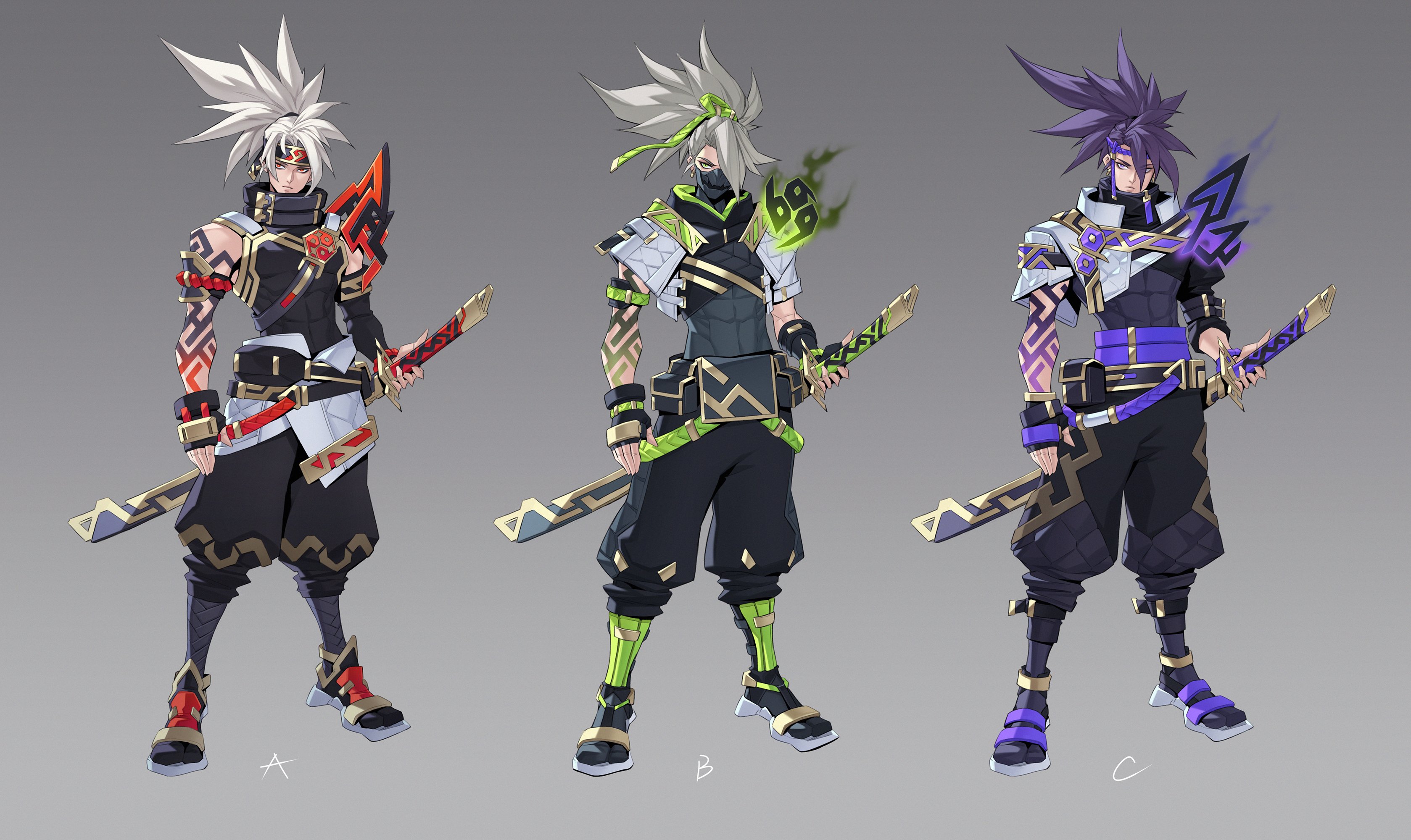 the image showcases three variations of a digital painting of a male anime/video game character.  the character appears to be a samurai or ninja type, wielding a katana. he has spiky, stylized white hair with different color accents (red, lime green, purple)  in each version, coordinating with the color of his accessories and energy effects. each version shows the character from the knees up with swords sheathed, clearly displaying distinct color schemes while maintaining a similar base design for clothing and posture. the backgrounds are a muted gray. each design is labeled a, b, and c.