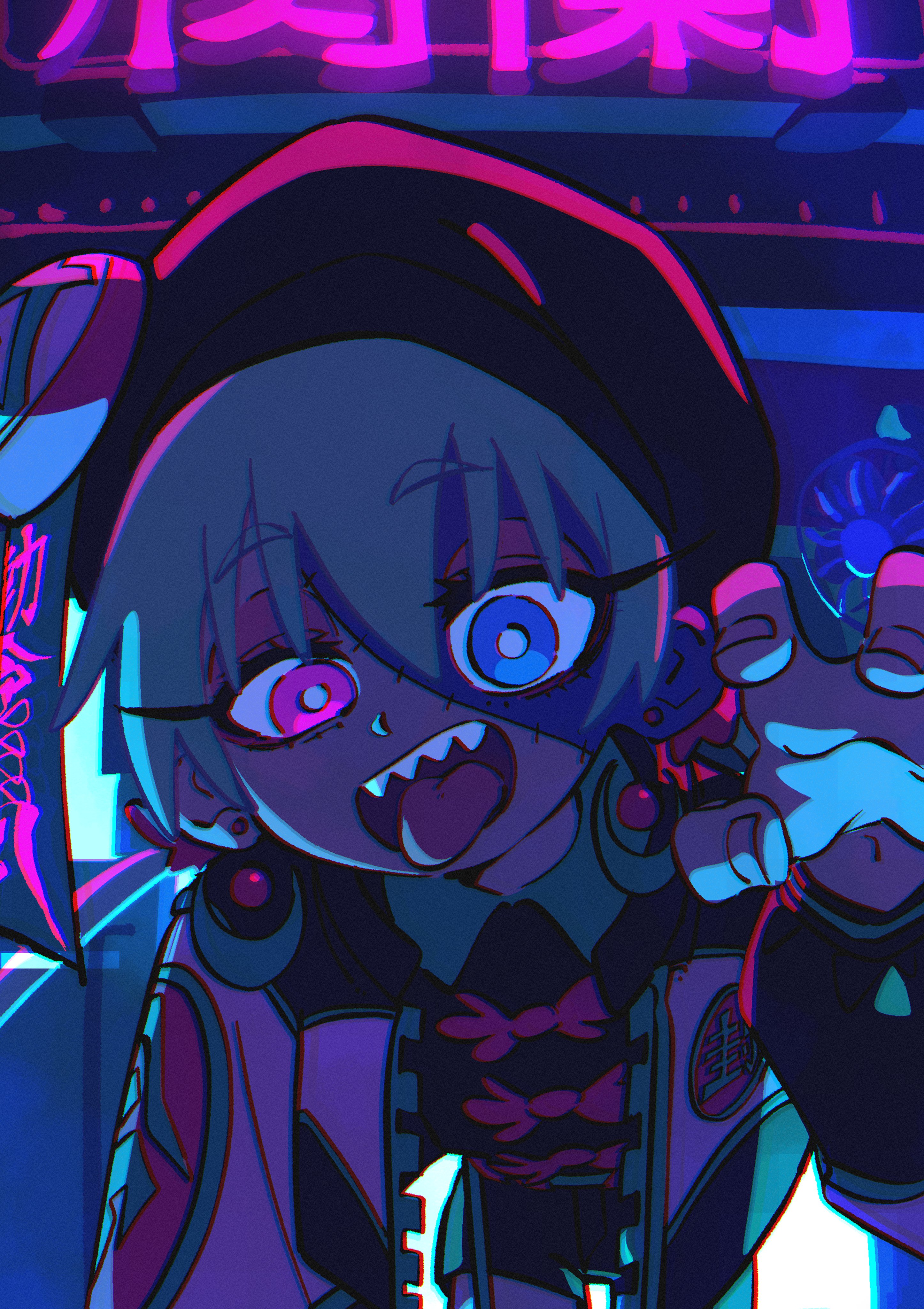 the image showcases a stylized portrait of a young woman with exaggerated features against a vibrant cyberpunk backdrop. the closeup perspective emphasizes her wideeyed, energetic expression and bold fashion sense. her clothing incorporates traditional elements with a futuristic twist, accented by glowing neon colors. the background features blurred neon signs, hinting at a lively urban setting. the overall impression is one of youthful energy, rebellion, and the allure of the neondrenched night.