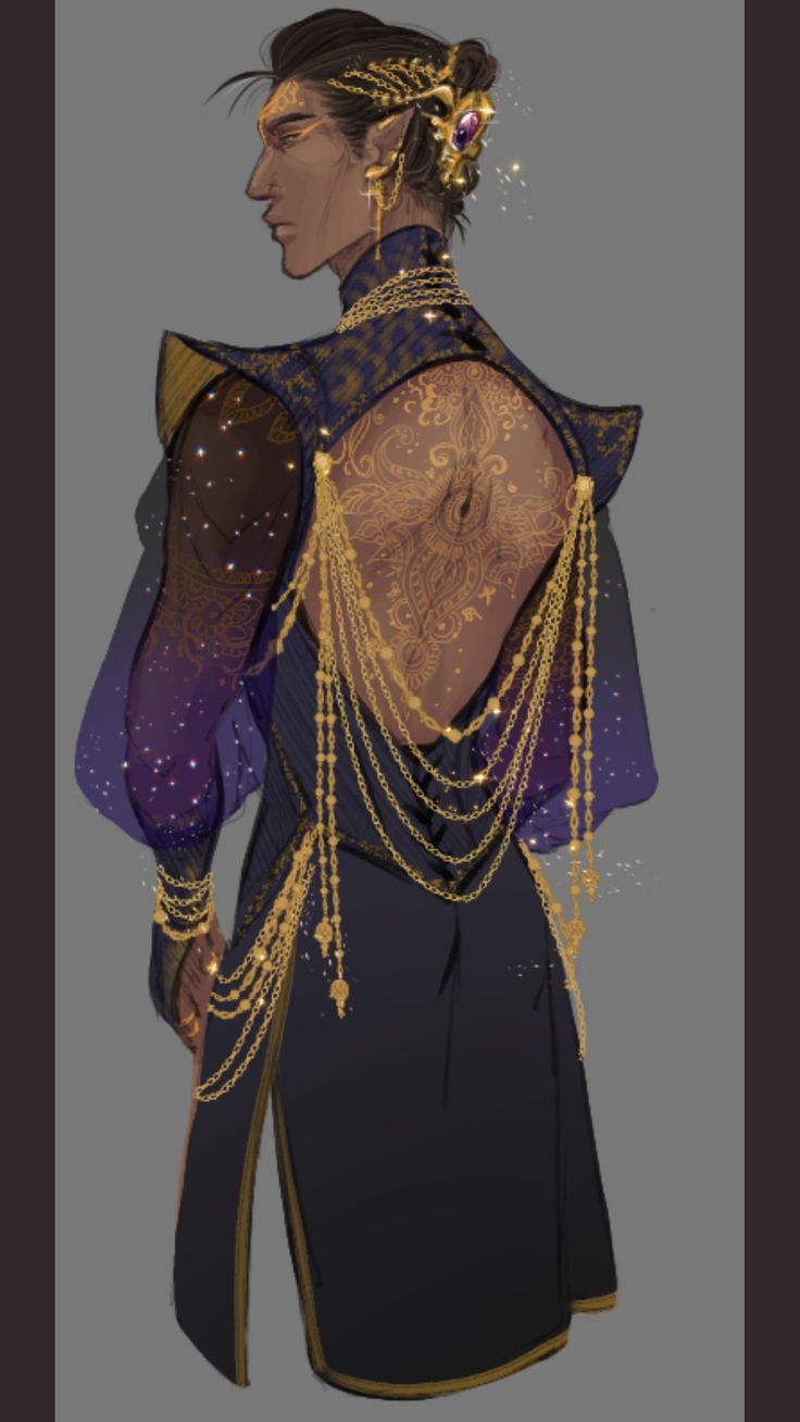 a digital illustration of a man in an elaborate outfit. he is wearing a dark blue robe with gold trim and intricate gold chains and jewelry. his back is decorated with elaborate tattoos. the robe is adorned with a night sky pattern with stars. the man is standing in profile, facing away from the viewer. he has dark skin and dark hair, and his expression is serious.