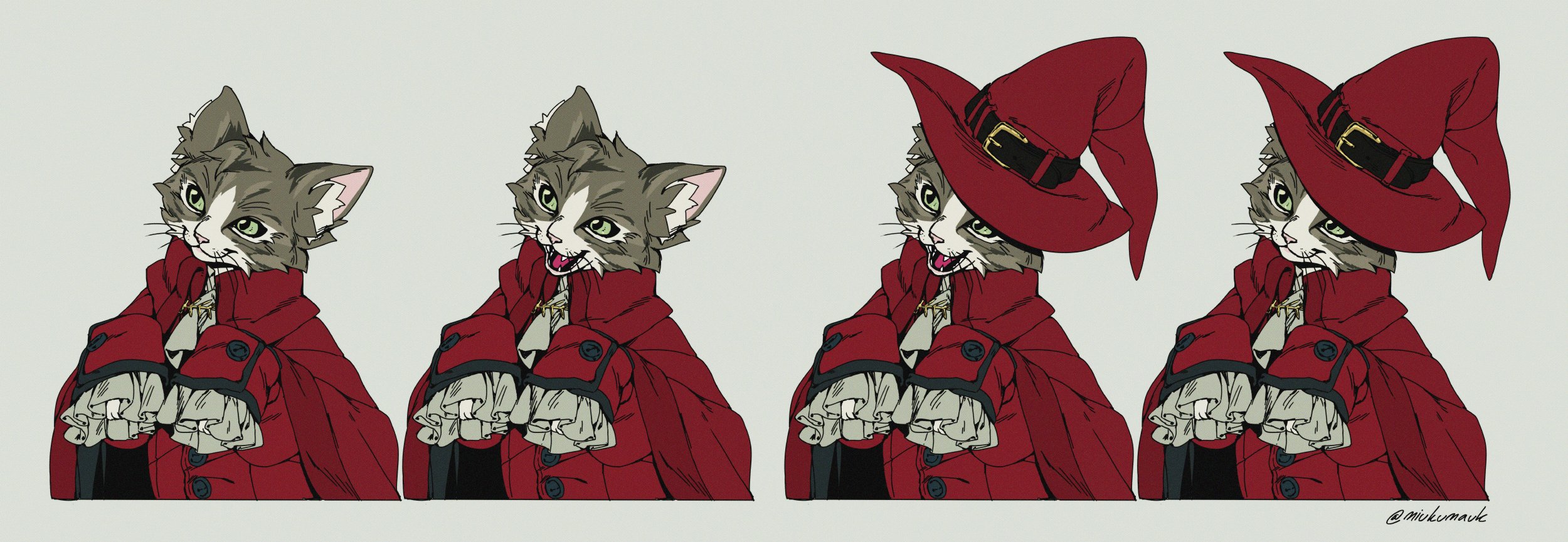 the illustration shows a cat wearing a red wizard hat and a red coat. the cat is looking at the viewer, and its eyes are green. the cat is cute and funny, and it looks like it is about to do something mischievous. the illustration is done in a cartoon style.