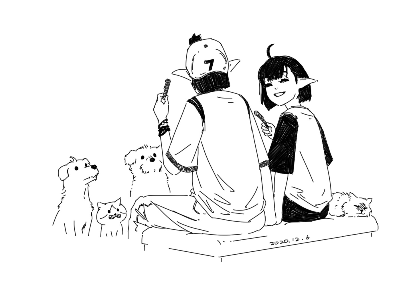 the image is a black and white line drawing of a young animestyle couple sitting on a bench outdoors.  the boy is wearing a baseball cap with a "7" on it and the girl has elflike ears. they are both feeding treats to their pets: two dogs and a cat, which are also drawn in a simple, cute style. the drawing style is loose and sketchy, suggesting a quick, informal sketch rather than a highly finished piece. the date "2020.12.6" is subtly included in the bottom right.  the overall mood is calm, happy, and affectionate.