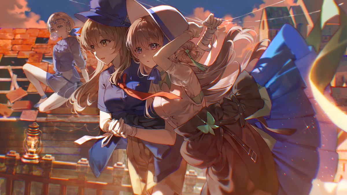 the artwork depicts three anime girls on a rooftop overlooking a city at sunset. the scene has a whimsical and adventurous feel, suggesting a fantasy setting.  two of the girls are centrally featured and appear to be close friends, with the girl on the right appearing somewhat injured, or perhaps just weary, her arm bandaged. she wears a large hat and a light colored jacket. the other girl has on a blue jacket, and a similar hat, albeit smaller. they are holding hands and look toward each other, with warm, sympathetic glances.  a third girl in a blue dress is visible in the background, seemingly observing the scene from afar.  the background features aged buildings, giving the scene a slightly ruinous, yet beautiful, aesthetic. the overall style is colorful and detailed, with dynamic lighting and sparkling elements adding to its fantasy atmosphere. the color palette is warm and inviting with tones of orange, brown, and blue contrasting nicely.