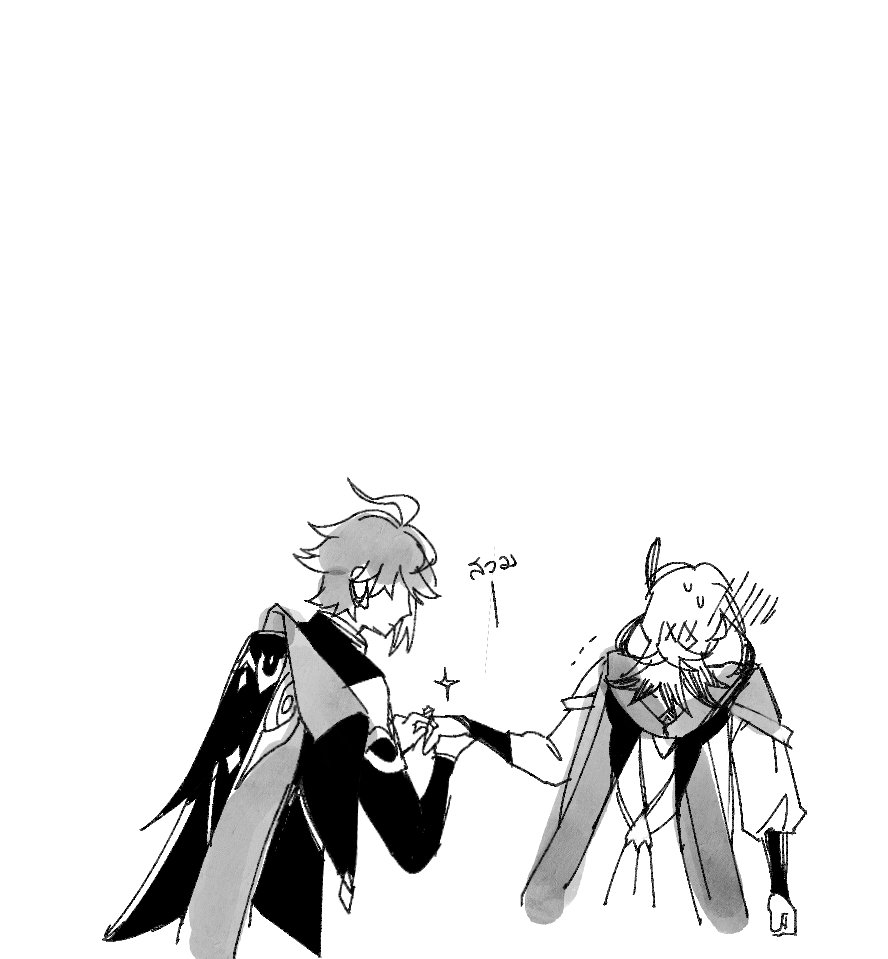a black and white sketch of two anime boys. the boy on the left is wearing a long black coat and a white shirt. the boy on the right is wearing a long white coat and a black belt. they are looking at each other and appear to be having a magical encounter. the background is white.