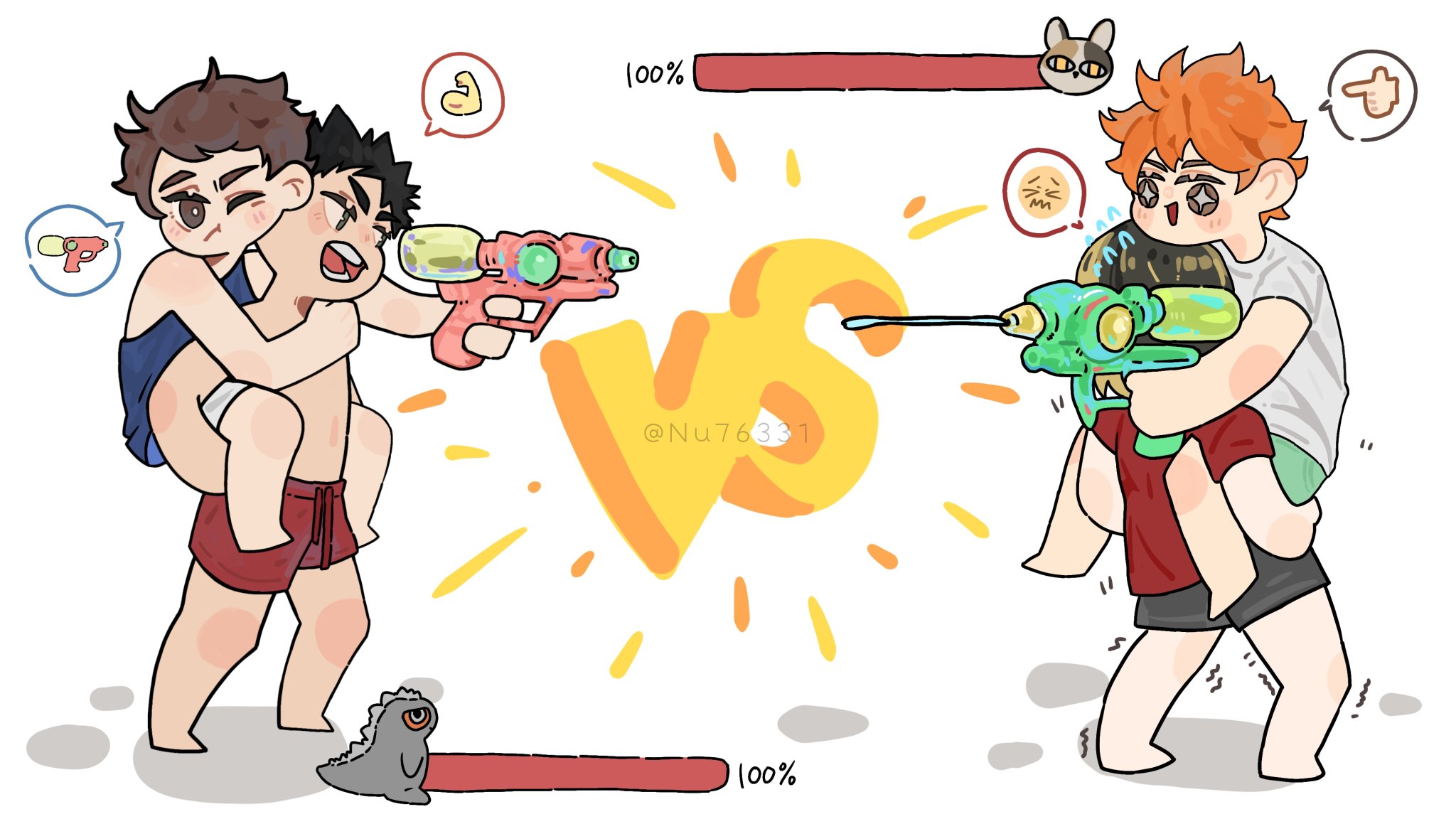 this is a cartoon drawing of two anime boys having a playful water gun fight during the summer. both of them are riding piggyback on their friends, holding their water guns, and aiming at each other with excited smiles.  the drawing is surrounded by bright, sunny colours and the boys are dressed in casual summer clothes.  a yellow "vs" graphic sits in the middle of the frame, representing the competition of the water gun fight.  the drawing is filled with positive energy and a sense of childhood fun.