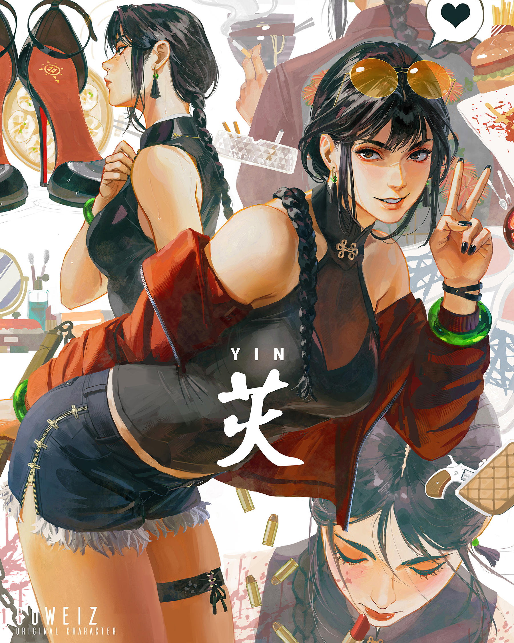 a digital illustration featuring a stylish young woman, depicted in a collage format with multiple views. the woman exudes an edgy and confident vibe. the image showcases her from different angles, highlighting her fashion choices, including her black top, denim shorts, and statement accessories like high heels and jade jewelry. she is associated with elements like a gun, hinting at a possible actionpacked narrative.