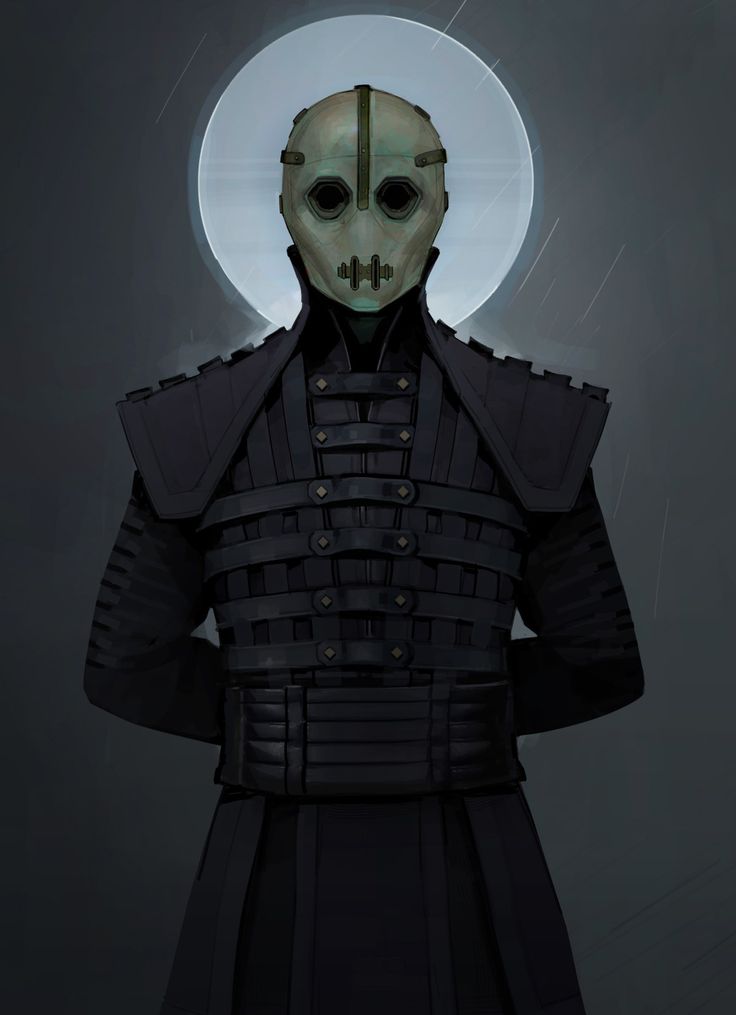 a mysterious figure wearing a black hooded cloak and a mask stands in front of a shining orb. the figure stands facing the camera with the hood down and hands clasped in front of them. the mask is a dark green and has a design to it, with the eyes being circular and hollow. the masked figure is wearing an intricate design of a black leather garment with a lot of buckles and straps, with the only hint of light from the orb in the background.