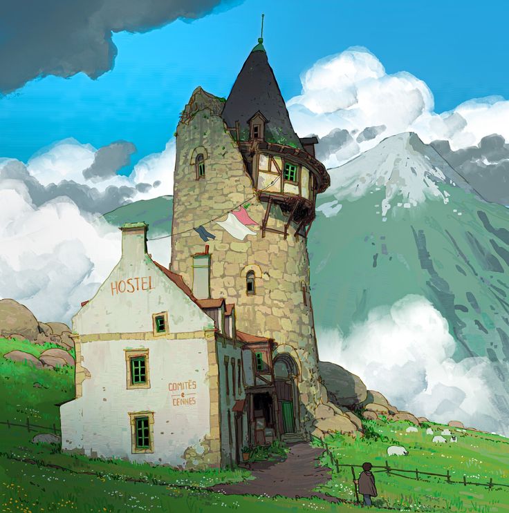 this image depicts a quaint hostel nestled in a picturesque mountain landscape. the hostel is a charming stone building with a tall, pointed tower. a sign reading "hostel" is prominently displayed, inviting weary travelers to rest. lush green grass covers the ground, and a path leads to the hostel's entrance. in the distance, majestic mountains pierce the cloudy sky, creating a breathtaking backdrop. the overall atmosphere is serene and inviting, suggesting a place of respite and adventure.