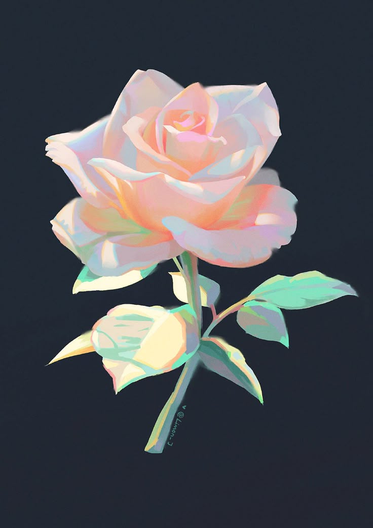 a digital art illustration of a single rose on a dark background. the rose is in full bloom, with many layers of overlapping petals. the colors are pastel, mostly pink, peach, and white, with hints of green and yellow on the leaves and stem. the style is painterly, with visible brushstrokes and a soft, dreamy quality.