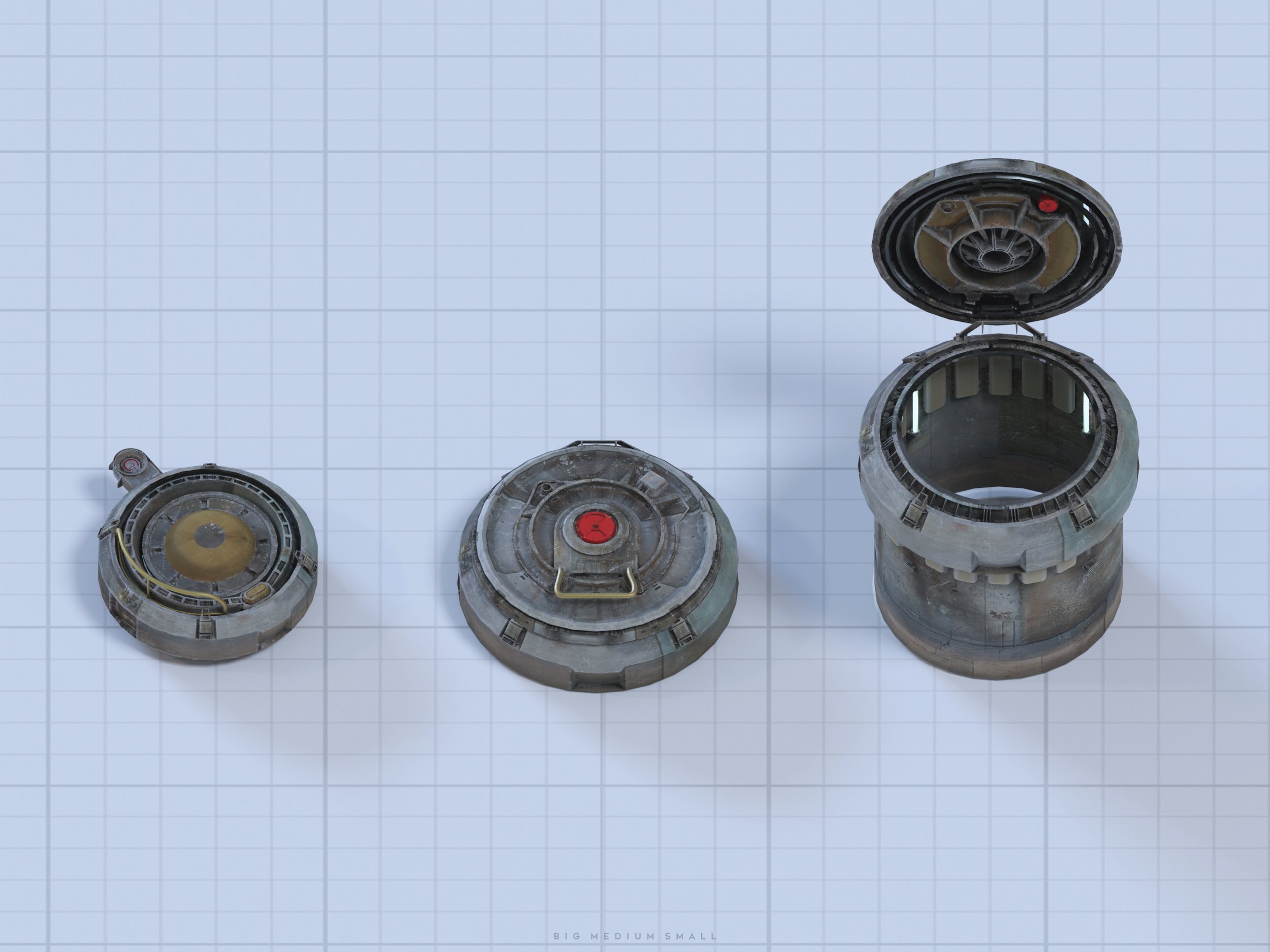 a 3d render showing three different sizes of scifi hatches or containers. the smallest one is closed, the mediumsized one is also closed, and the largest is shown open, revealing its interior. they are all grey and metallic in appearance, with a textured surface. they seem to be from a futuristic or industrial setting.  the image is set against a gridded background, providing a sense of scale and comparison. the text "big medium small" is subtly visible at the bottom.