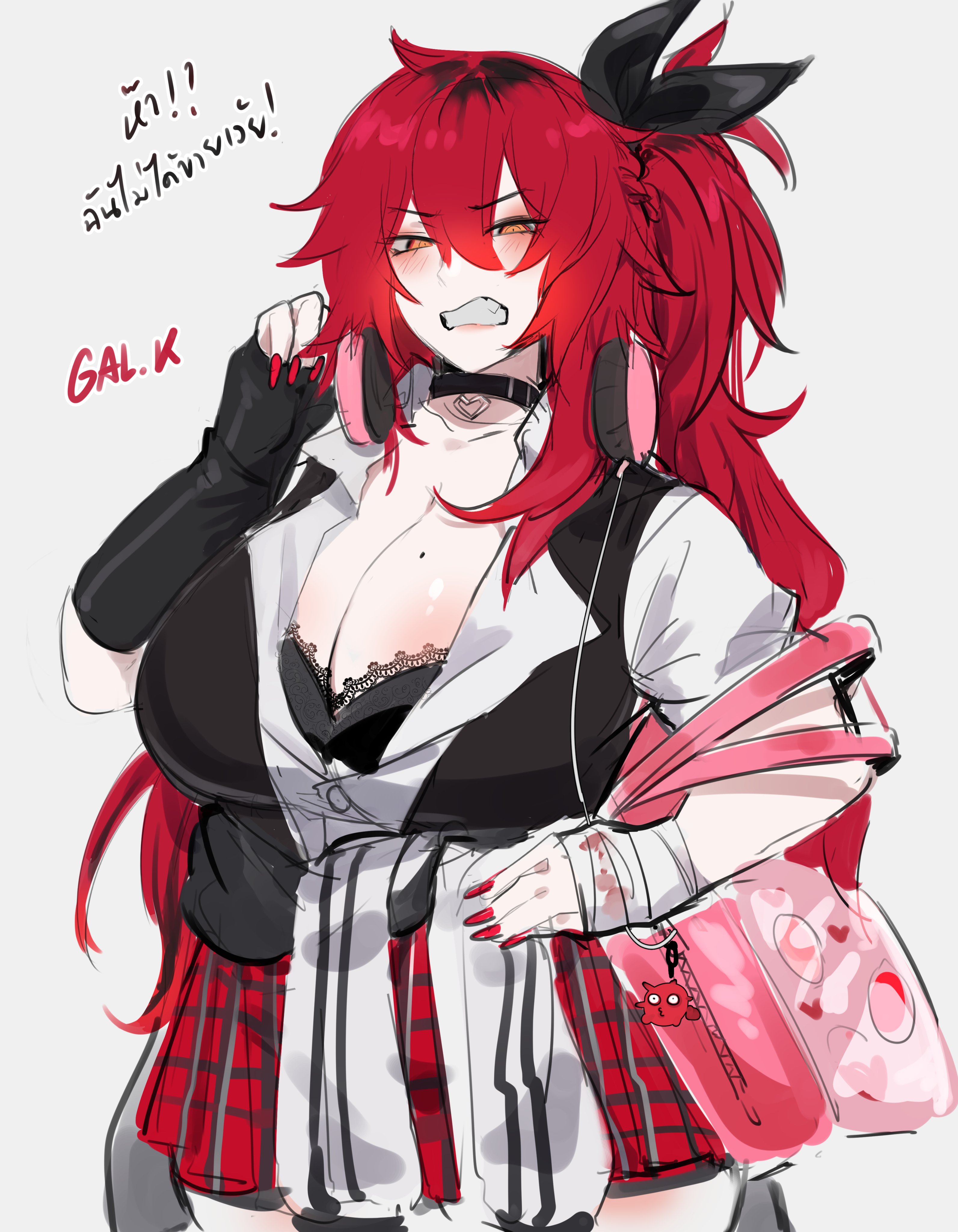 the image is an anime drawing of a young woman with long red hair. she is wearing a white shirt over a black shirt, a red and black plaid skirt, black gloves, headphones, and carrying a pink bag. the woman has an angry expression on her face.