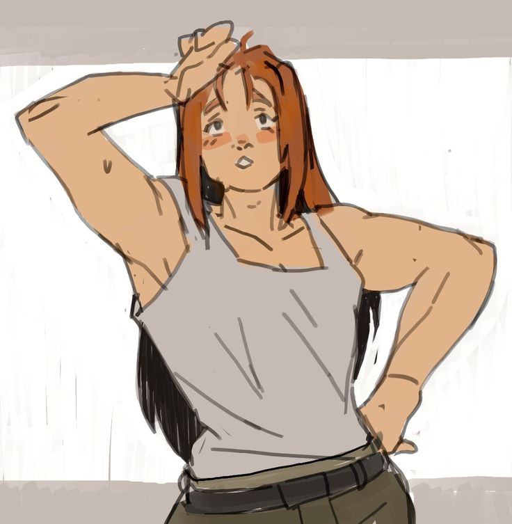 the image is a digital drawing or sketch of a young woman with long, reddishbrown hair. she's depicted from the midtorso up, wearing a grey tank top and olivegreen pants with a belt. her build is noticeably muscular, and she has a relaxed but somewhat tired expression.  one arm is raised to her forehead, as if she is wiping sweat or simply resting her hand there. the art style is reminiscent of anime or manga, with slightly exaggerated features and a loose, expressive line quality. the background is a simple, light grey.
