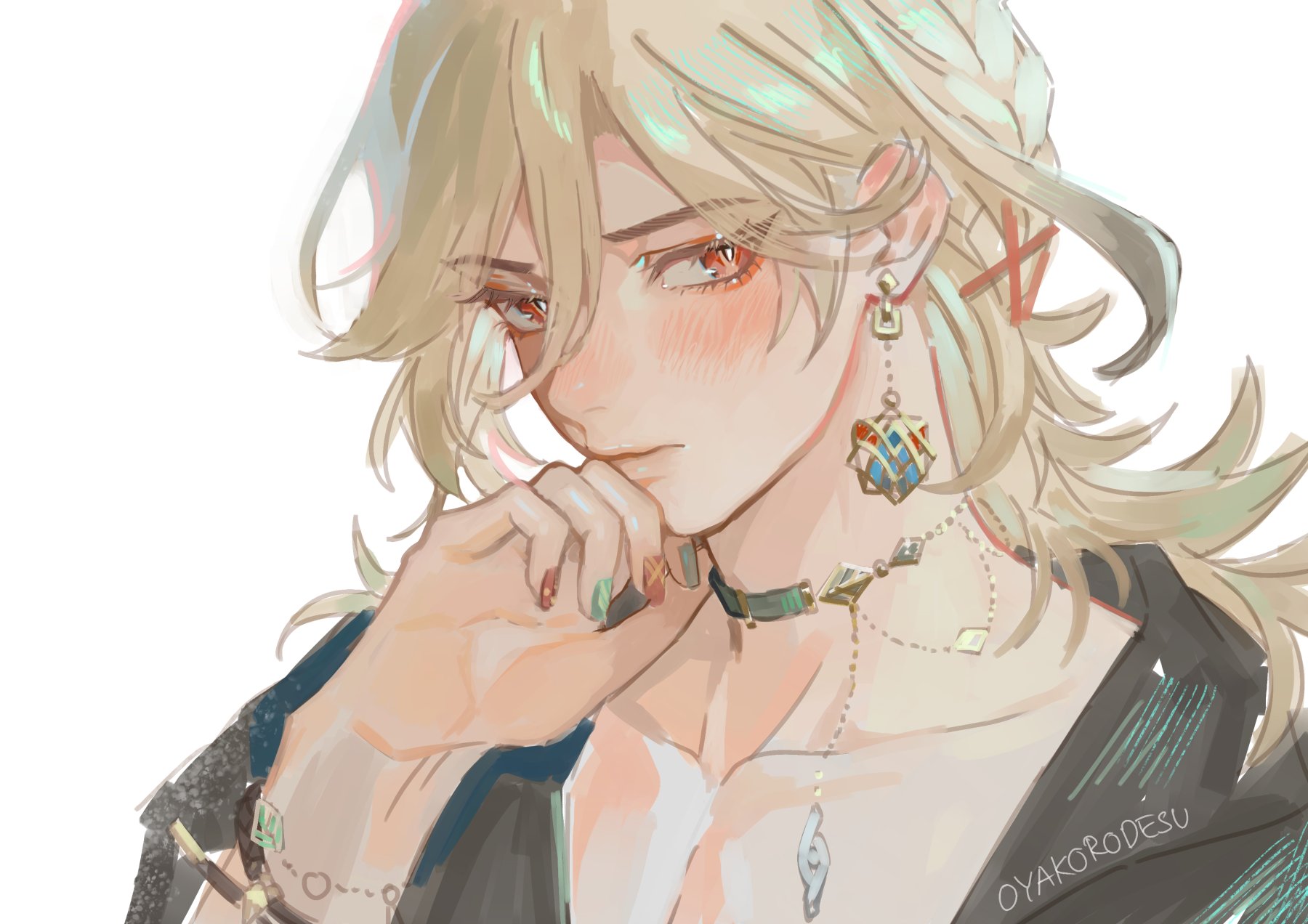 this digital illustration features a closeup portrait of an anime boy with blonde hair and green eyes. he has his hand resting on his chin and is looking down. he's wearing a black outfit and has a variety of gold necklaces and earrings with intricate designs. his cheeks are flushed red and he looks soft and innocent. the white background gives the image a clean and minimalist feel.