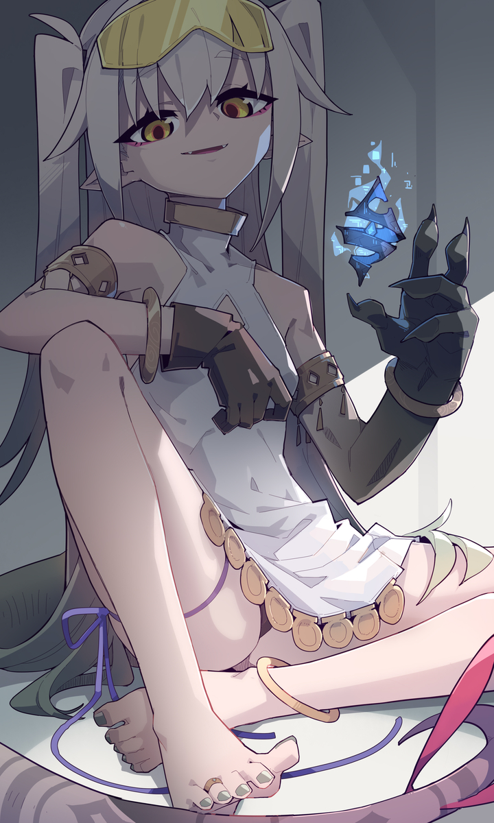 an animestyle drawing features a girl or young woman with a fantasy appearance. she has white hair styled in pigtails or tufts, along with a gold crown or headpiece. her eyes are a vibrant gold color, and she wears a short, white dress. one of her arms appears normal, while the other is depicted as a monsterlike hand or arm. she is holding a blue, geometric object in her monster hand.