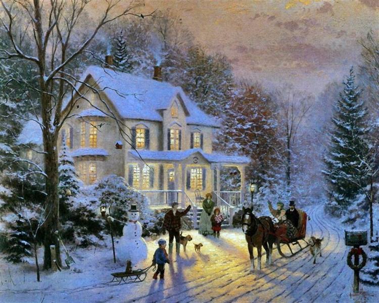 the painting depicts a charming winter scene at dusk. a snowcovered victorianstyle house is brightly lit from within, suggesting a warm and inviting atmosphere.  a family is gathered outside the house, with children playing near a snowman. a horsedrawn sleigh arrives carrying more family members.  the entire scene is bathed in a soft, warm glow from the house lights and the soft light of the setting sun/dusk.  snowladen evergreens and trees surround the house, creating a picturesque winter wonderland setting. the overall style evokes a sense of nostalgia and peaceful christmas cheer.