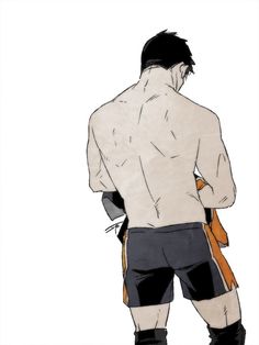 the image shows the back view of a muscular, athletic man in the process of changing clothes. he is shirtless, showcasing his welldefined back muscles.  he holds a towel and an orange article of clothing, likely shorts or pants, in his hands.  the art style is reminiscent of anime or manga.