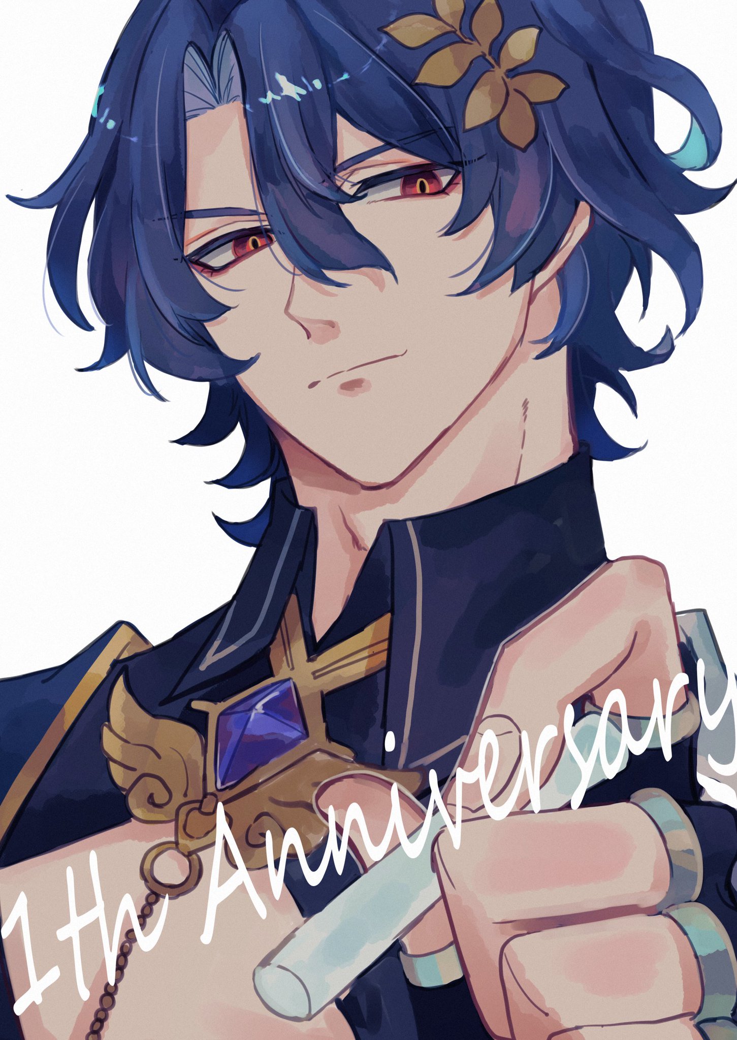 this is a drawing of an anime character, he has blue hair and red eyes, and is wearing a dark blue jacket with gold embellishments and a cross necklace. he is wearing glasses and holding a white tube. in the lower corner of the image, the text "1th anniversary" is written in script.